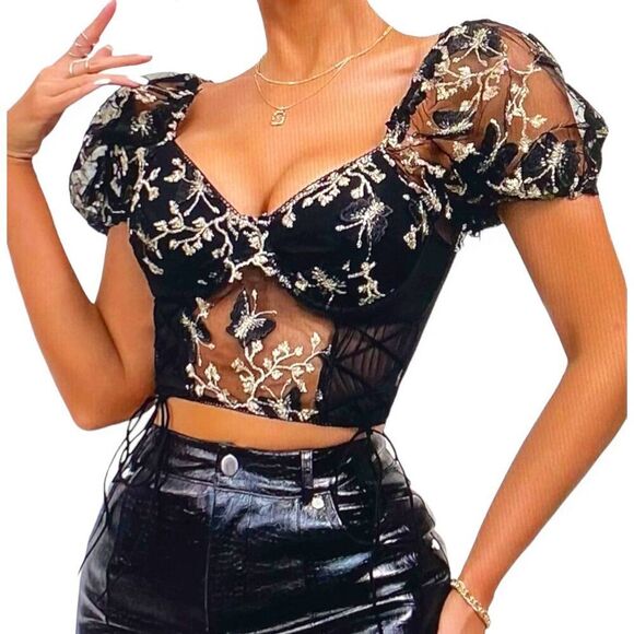 Black Gold Floral Embroidered Short Sleeve Plunging Neckline Bustier Corset Top - Picture 1 of 4